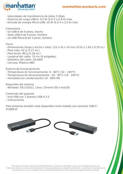 Hub USB Manhattan V3.2 7 Puertos A Sin Fuente 5Gbps