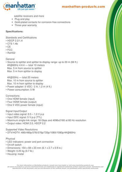 VIDEO SPLITTER MANHATTAN HDMI 1IN: 4OUT 4K@30HZ