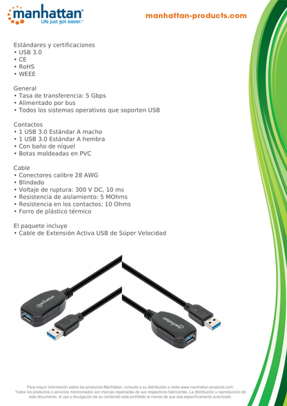 Cable Manhattan Extensión Activa USB 3.0 5M