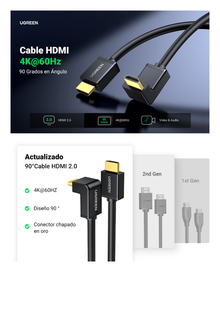 Cable HDMI 2.0  en Angulo de 90°  / 1 m / 4K@60Hz / HDR / 3D / HEC (Canal Ethernet HDMI) / ARC (Canal de Retorno de Audio / CEC / 32 canales de Audio / HDCP 2.2 / Dolby Atmos / 18 Gbps / Blindaje Múltiple