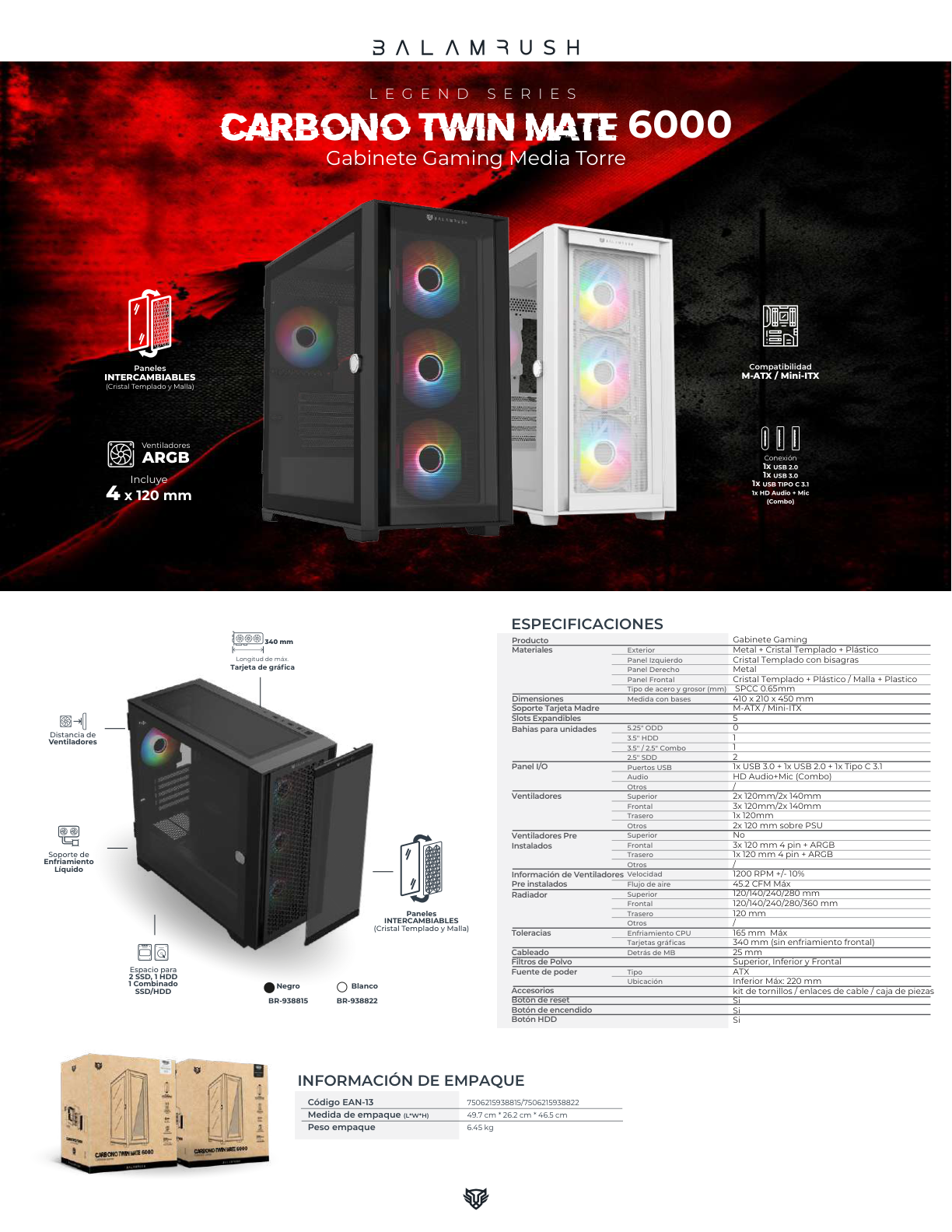 Gabinete Balam Rush Twin Mate 6000B Media torre blanco cristal 4xVentiladores ARGB Mini ATX / Mico ATX sin fuente panel frontal intercambiable cristal/malla