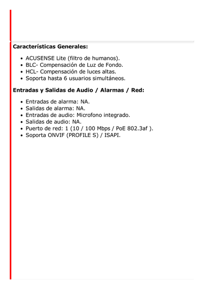 Bala IP 4 Megapixel / ACUSENSE Lite (Detección de Movimiento en Humanos y Vehículos ) / Lente 2.8 mm / Luz Blanca 30 mts / Imagen a Color 24/7 / Micrófono Interconstruido / IP67 / WDR 120 dB / PoE / MicroSD