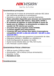 Switch PoE 250 Metros Larga Distancia / 16 Puertos 802.3at (30 W) 100 Mbps + 2 Puertos Gigabit + 2 Puertos SFP