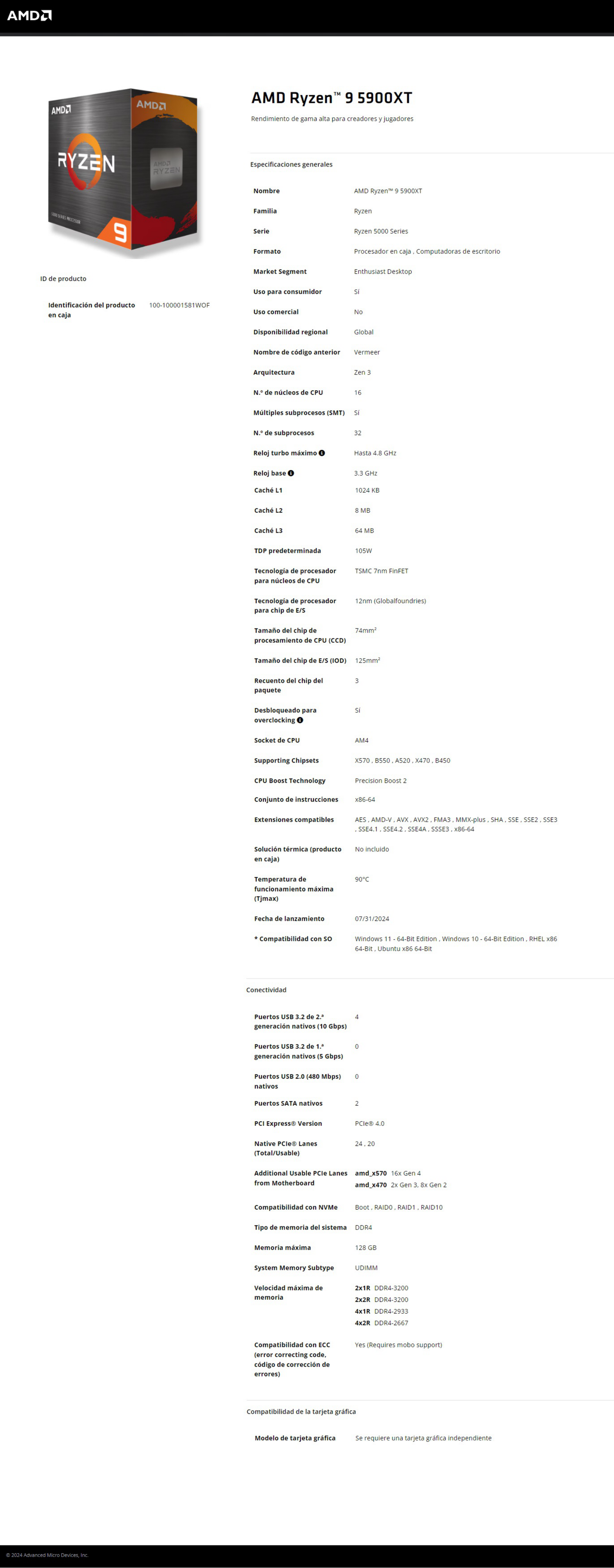 Procesador AMD Ryzen 9 5900XT sin disipador y graficos socket AM4 16Core 3.3Ghz 105w Zen 3