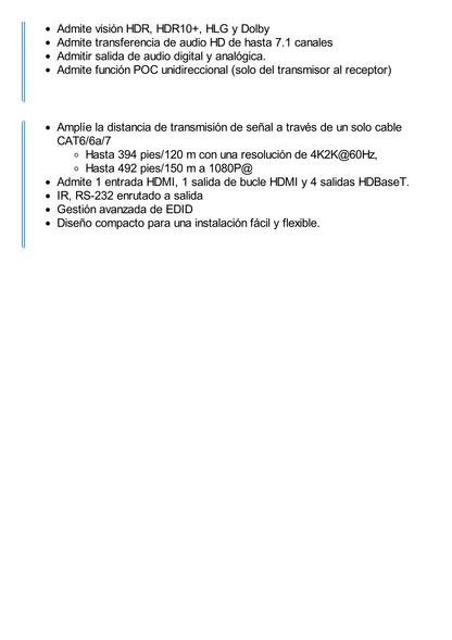 Splitter mas Extensor de Video | 1x4 | ProAV | HDBaseT™ | 120m en 4K@60Hz | 150m en 1080p@60Hz | Cat6/6a/7 | Gestión Avanzada EDID | Control IR y RS232 | PoC | Salida de Audio