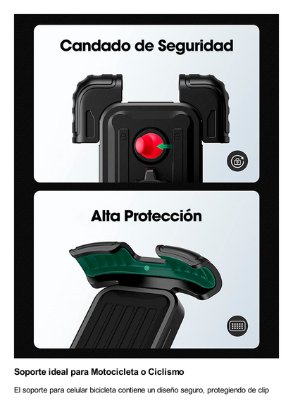 Soporte de Celular para Manillar de Motocicleta o Bicicleta / Anti Vibración / Protección de clip Antideslizante / Rotación de 360° / Bloqueo de Seguridad / Compatible con manillar de 0.6'' a 1.75'' / Soporta dispositivos de 4.6''