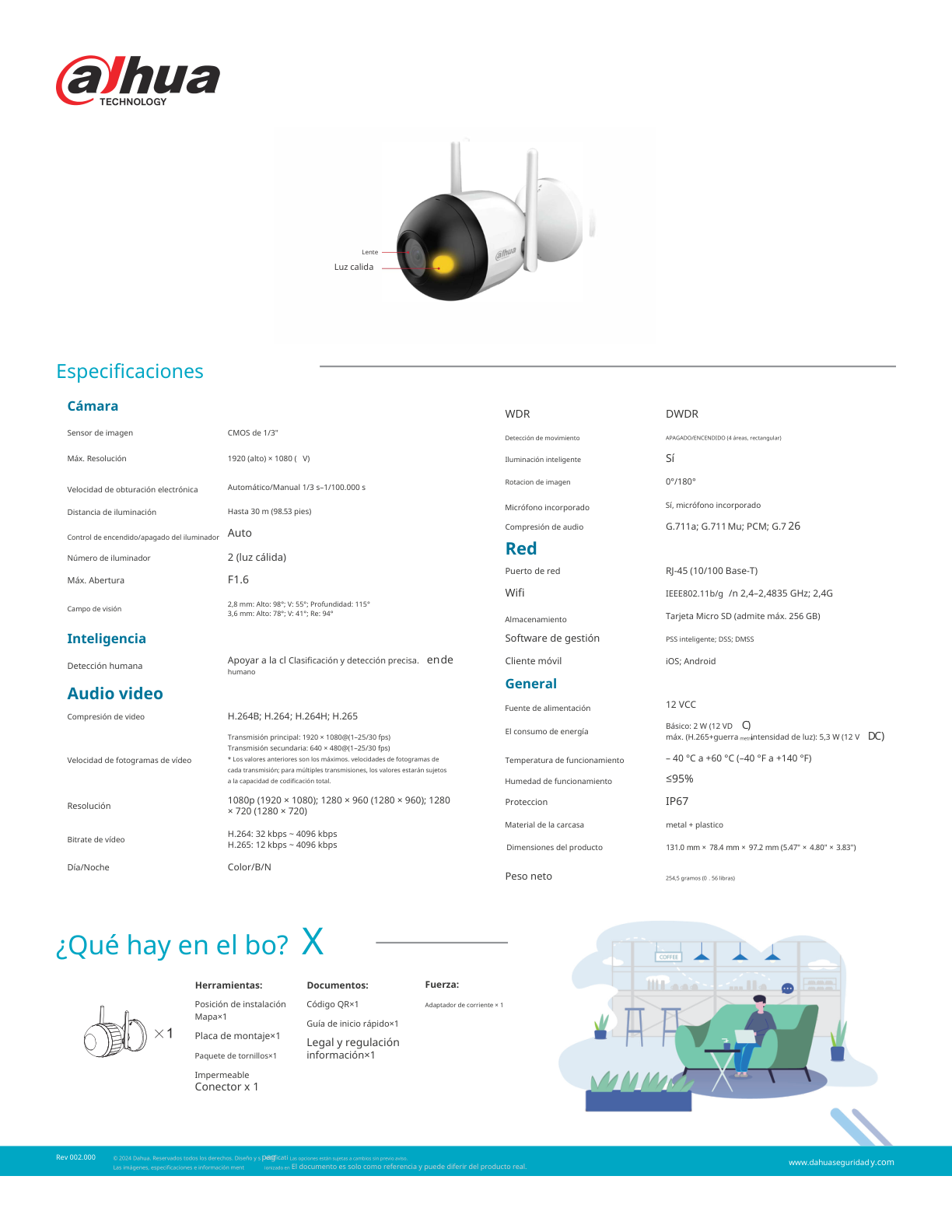 Camara Dahua DH-F2C-LED IP bullet WIFI 2 mpx full color alcance 30 m H.265 DWDR ranura micro SD