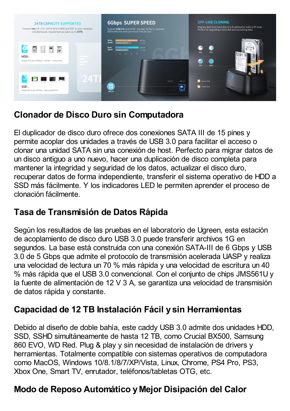 Base USB 3.0 para Disco Duro de Doble Bahía | Soporta Discos SATA de 2.5' & 3.5´ | Soporta discos de 12TB | Compatible con UASP, SATA 3.0 | Con adaptador de corriente 12V3A | Cable USB 1M | Alta Velocidad | Modo Clonación.