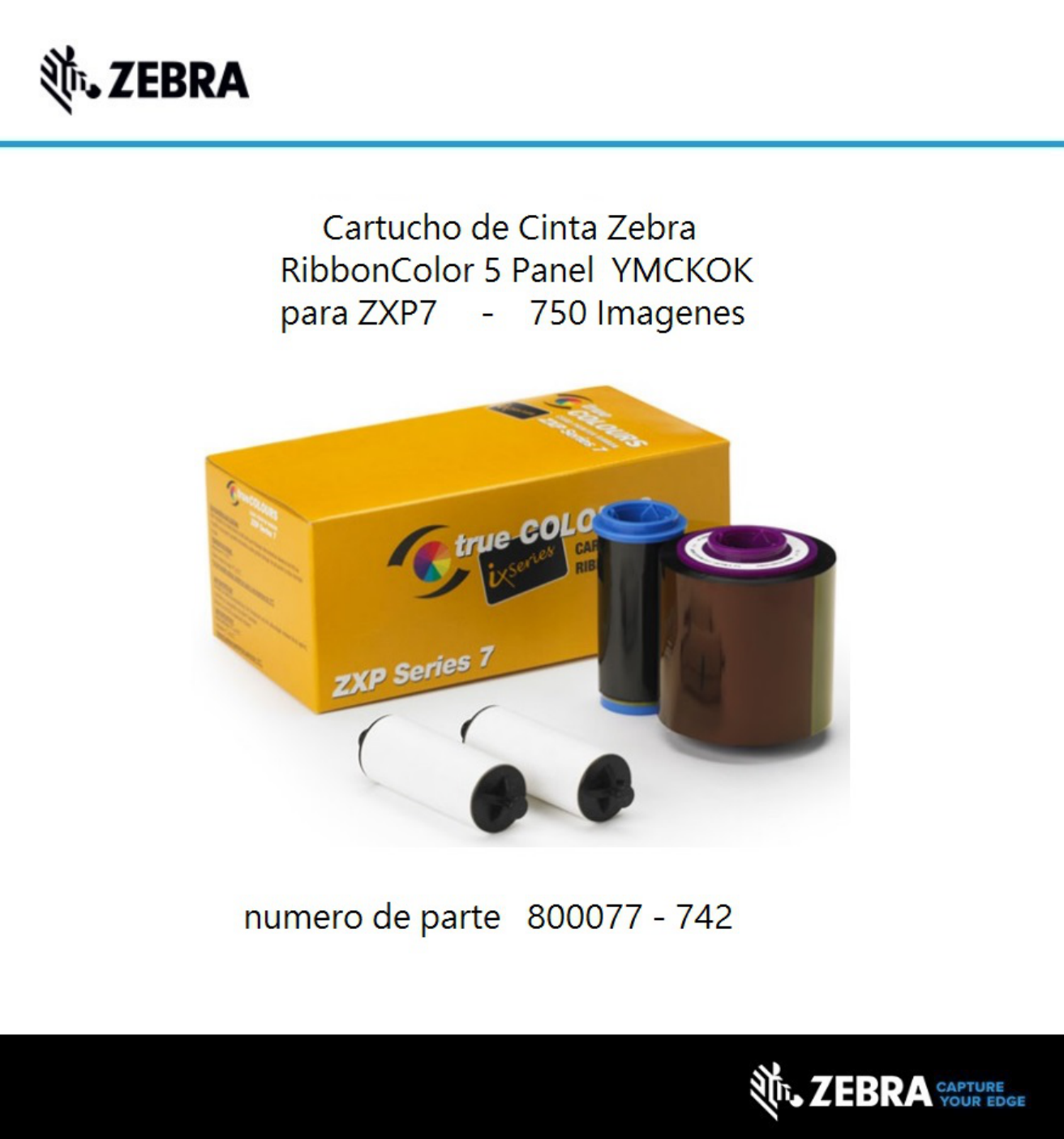 Cartucho de cinta Zebra Ribbon Color para ix series ZXP Serie 7 YMCKOK 750 Imagenes .