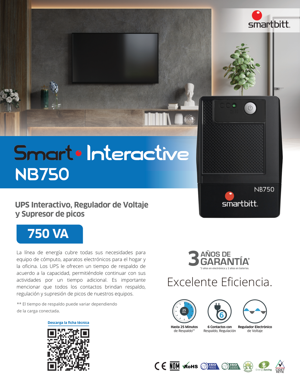 UPS interactivo Smartbitt SBNB750 750VA/375W 120V torre 6 NEMA 5-15R con respaldo batería regulación y supresor picos