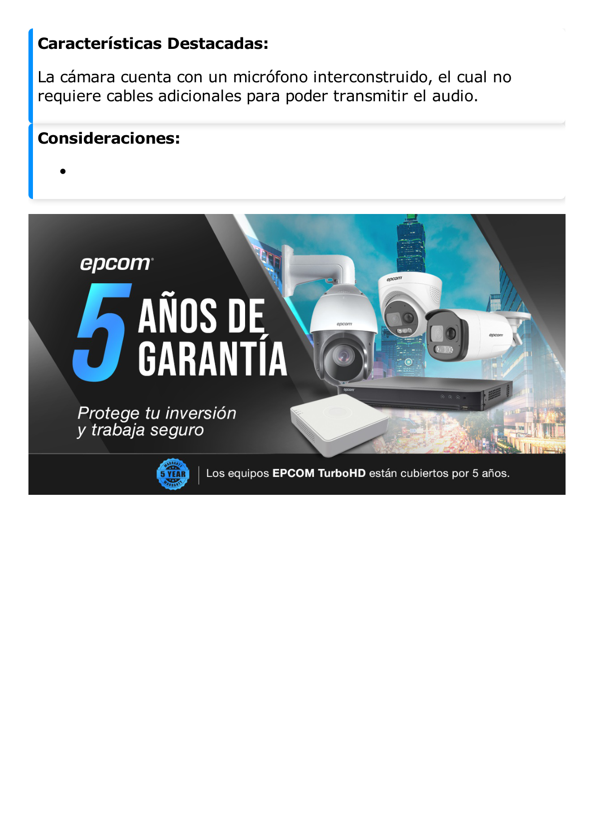 AUDIO POR COAXITRON / Turret TURBOHD 5 Megapixel / Angulo de vision 85.5° / Lente 2.8 mm / 30 mts IR EXIR / Exterior IP67 / 4 Tecnologías / dWDR