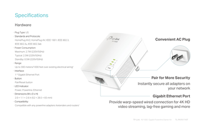 Kit (2 piezas) Adaptador TP-Link Powerline gigabit TL-PA7017 KIT HomePlug AV2 hasta 1000Mbps 1 puerto RJ45 plug and play