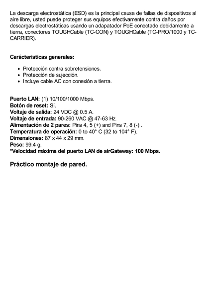 Adaptador PoE Ubiquiti de 24 VDC, 0.5 A con puerto Gigabit, compatible con airGateway