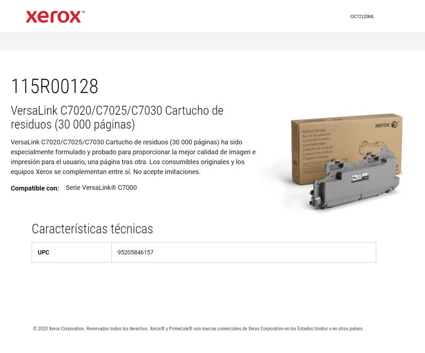 CARTUCHO DE RESIDUOS  XEROX 115R00128  VersaLink C7020/C7025/C7030/C7120/C7125/C7130 (30 OOO PAGINAS)