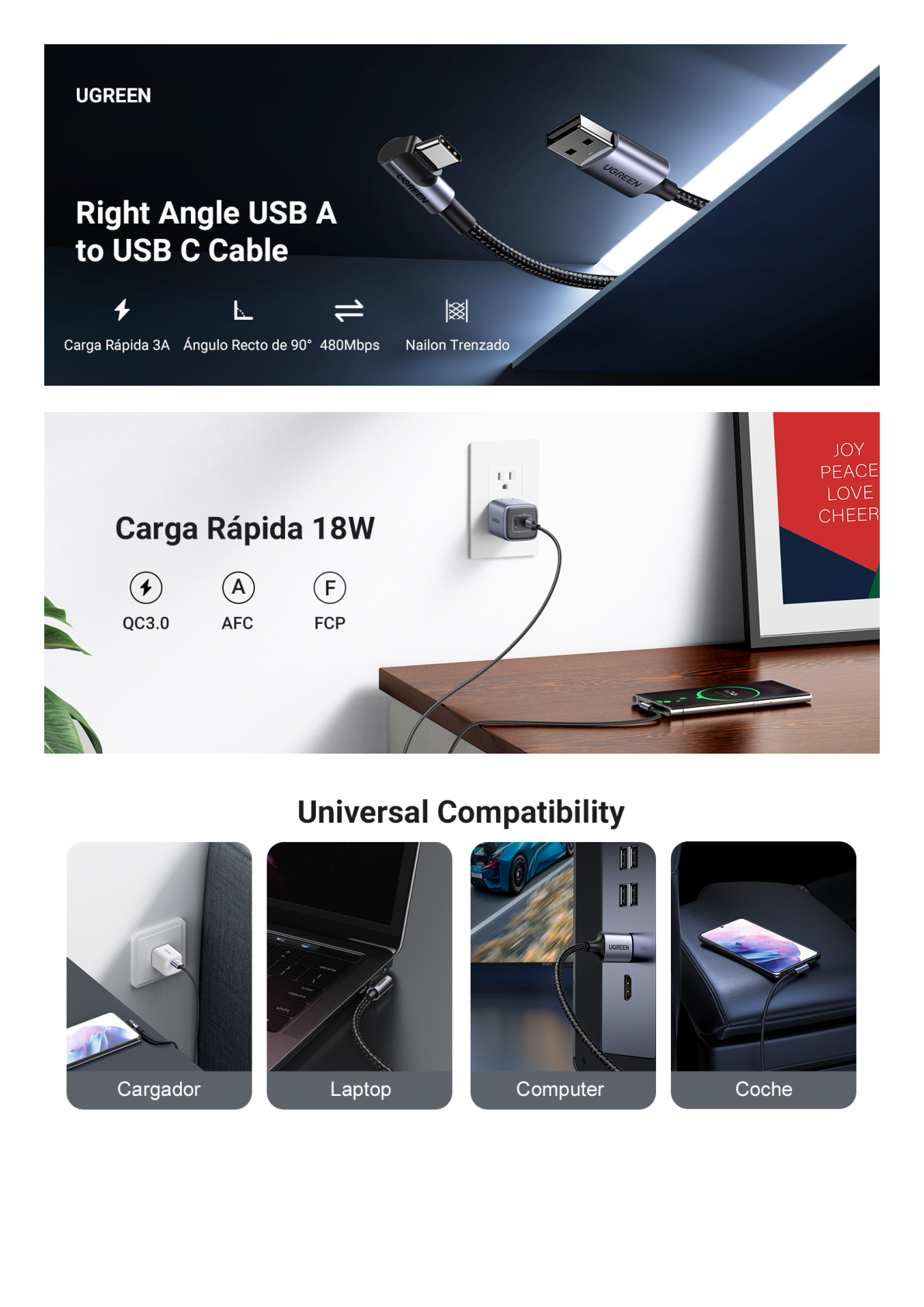 Cable USB-A a USB-C | 1 Metro | Conector con Ángulo Recto de 90° | Carga Rápida de hasta 60W | 480 Mbps | PD3.0 | QC4.0/3.0/2.0 | FPC | AFC | Protección Integrada| Caja de Aluminio | Nylon Trenzado | Color Negro