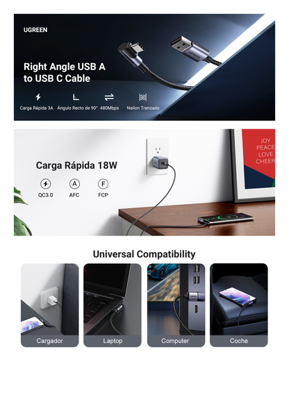 Cable USB-A a USB-C | 2 Metros | Conector con Ángulo Recto de 90° | Carga Rápida de hasta 60W | 480 Mbps | PD3.0 | QC /3.0/2.0 | FPC | AFC | Protección Integrada| Caja de Aluminio | Nylon Trenzado | Color Negro.