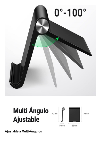 Soporte de Escritorio  para Teléfono Celular / Ajustable de 0° a 100° / Goma Antiarañazos / Antideslizante / Amplia Compatibilidad con dispositivos de 4'' a 7.9'' / Plegable / ABS / Color Negro