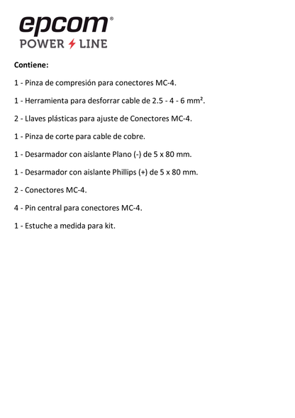 Juego de Herramientas y Accesorios, para Instalación de Sistema Solar. Incluye: Pinzas (3), Desarmadores (2), Llaves (2) y Accesorios (7).