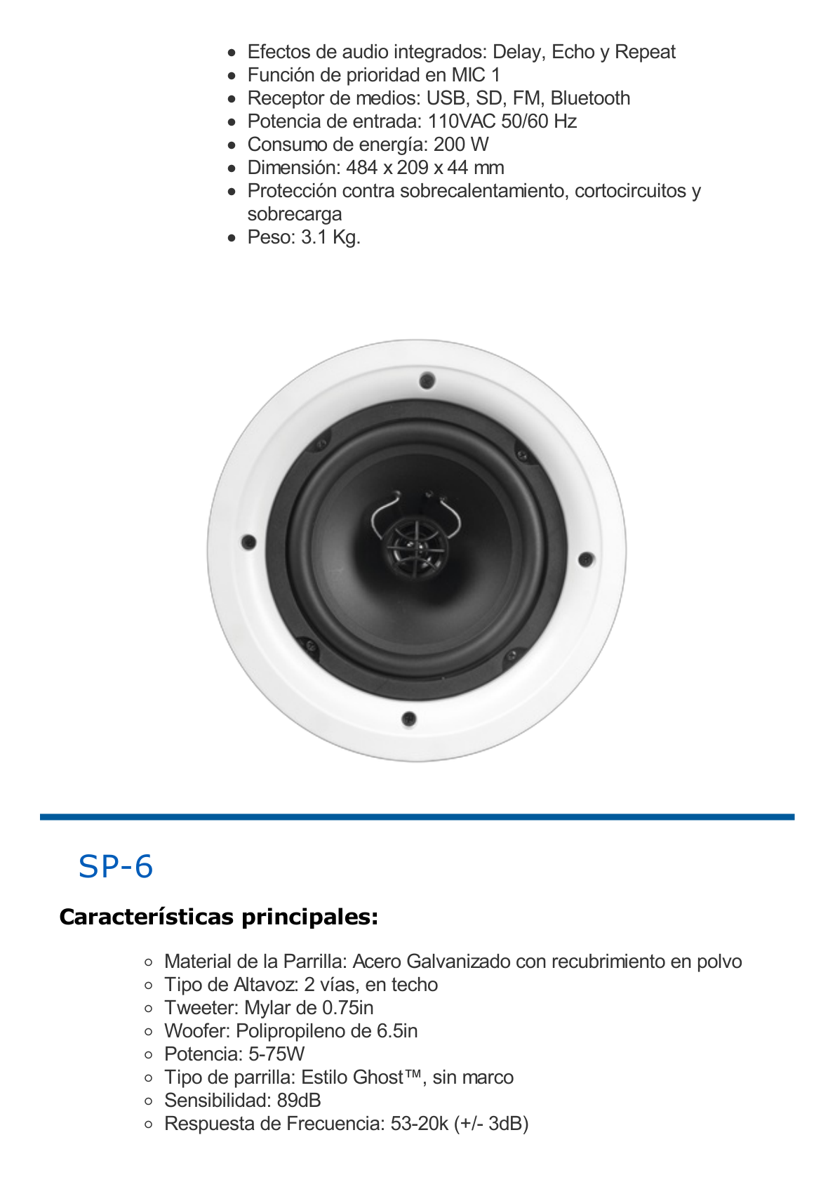 Amplificador de Audio con 2 Bocinas SP6 | 2 x 60W | Baja Impedancia 4 - 8Ω | Reproductor Bluetooth, USB, SD | Efectos Integrados Delay, Echo, Repeat