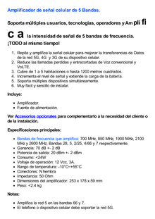 Amplificador de Señal Celular 5G, 4G, 3G, VoLTE y Voz convencional. Funciona con Todos los Operadores. Soporta Múltiples Dispositivos y Tecnologías. Hasta 1200 metros cuadrados de Cobertura