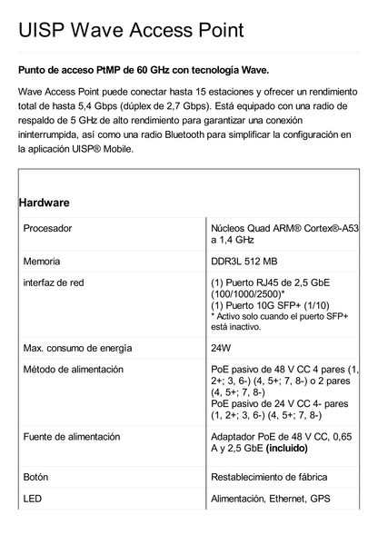 UISP Access Point Multipunto Tecnología Wave en 60 Ghz, hasta 15 estaciones, hasta 5.4 Gbps, respaldo en 5 Ghz. 1 puerto SFP+ 10G, 1 puerto 2.5g Gbps, con GPS