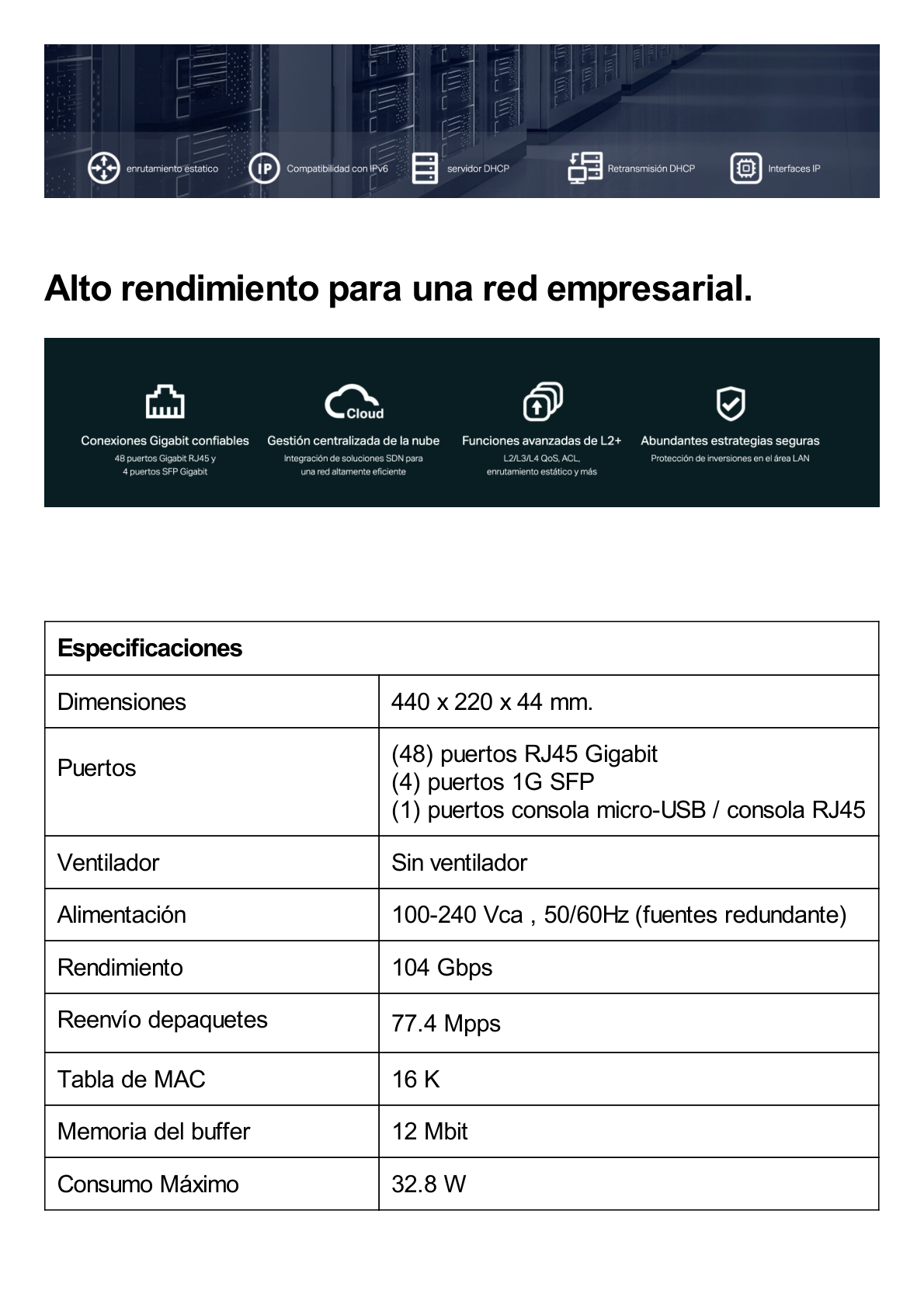 Switch Omada SDN Administrable / 48 puertos Gigabit y 4 puertos SFP / Funciones sFlow, QinQ y QoS / Administración centralizada OMADA