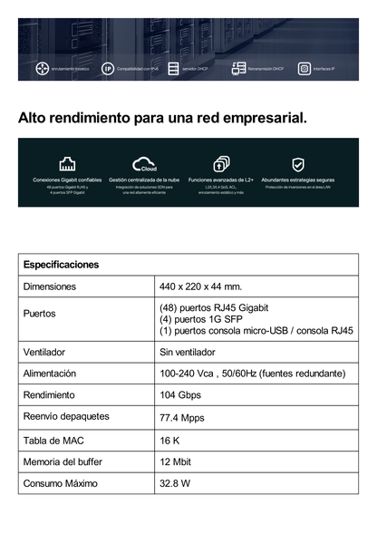 Switch Omada SDN Administrable / 48 puertos Gigabit y 4 puertos SFP / Funciones sFlow, QinQ y QoS / Administración centralizada OMADA