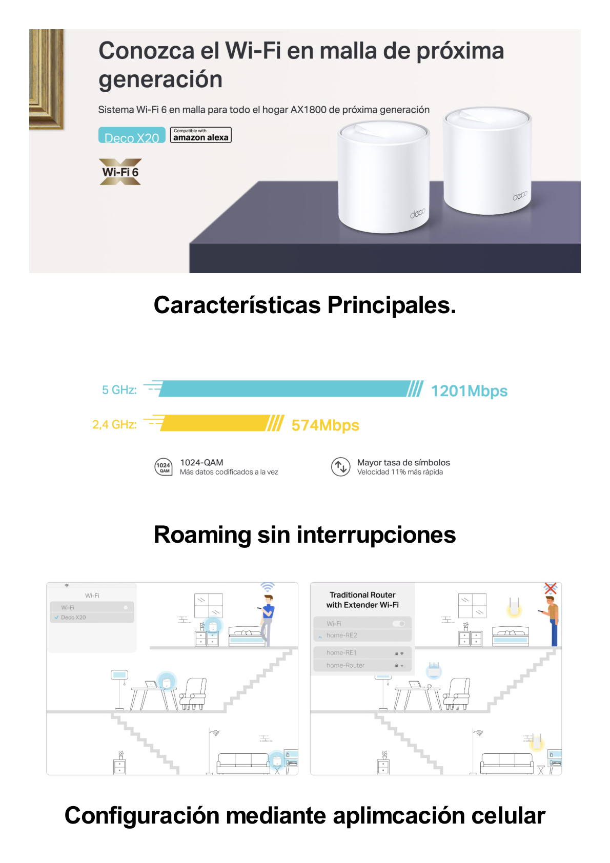 Kit 2 Routers Inalámbricos MESH Interior para Hogar / Doble Banda Wi-Fi 6 AX1800 Mbps / 2 Puerto Gigabit WAN/LAN / 2 Antenas Internas / Administración Mediante la App Deco (iOS, Android) / Protección HomeShield