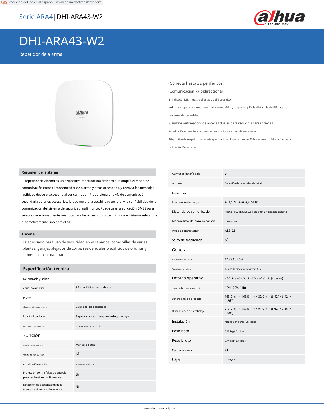 Repertidor Dahua DHI-ARA43-W2 inalambrico de alarma se pueden conectar hasta 32 dispoditivos inalambricos indicador de estado luz LED