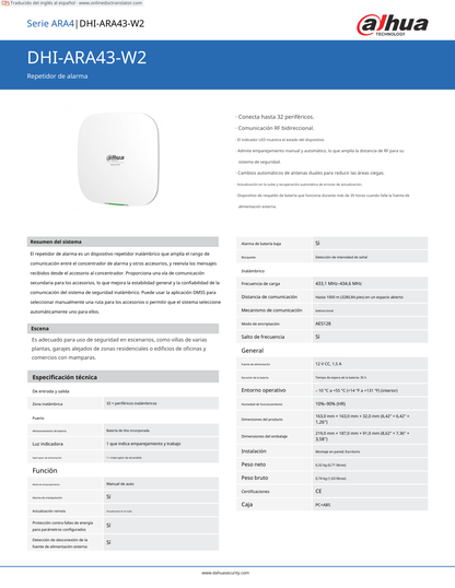 Repertidor Dahua DHI-ARA43-W2 inalambrico de alarma se pueden conectar hasta 32 dispoditivos inalambricos indicador de estado luz LED