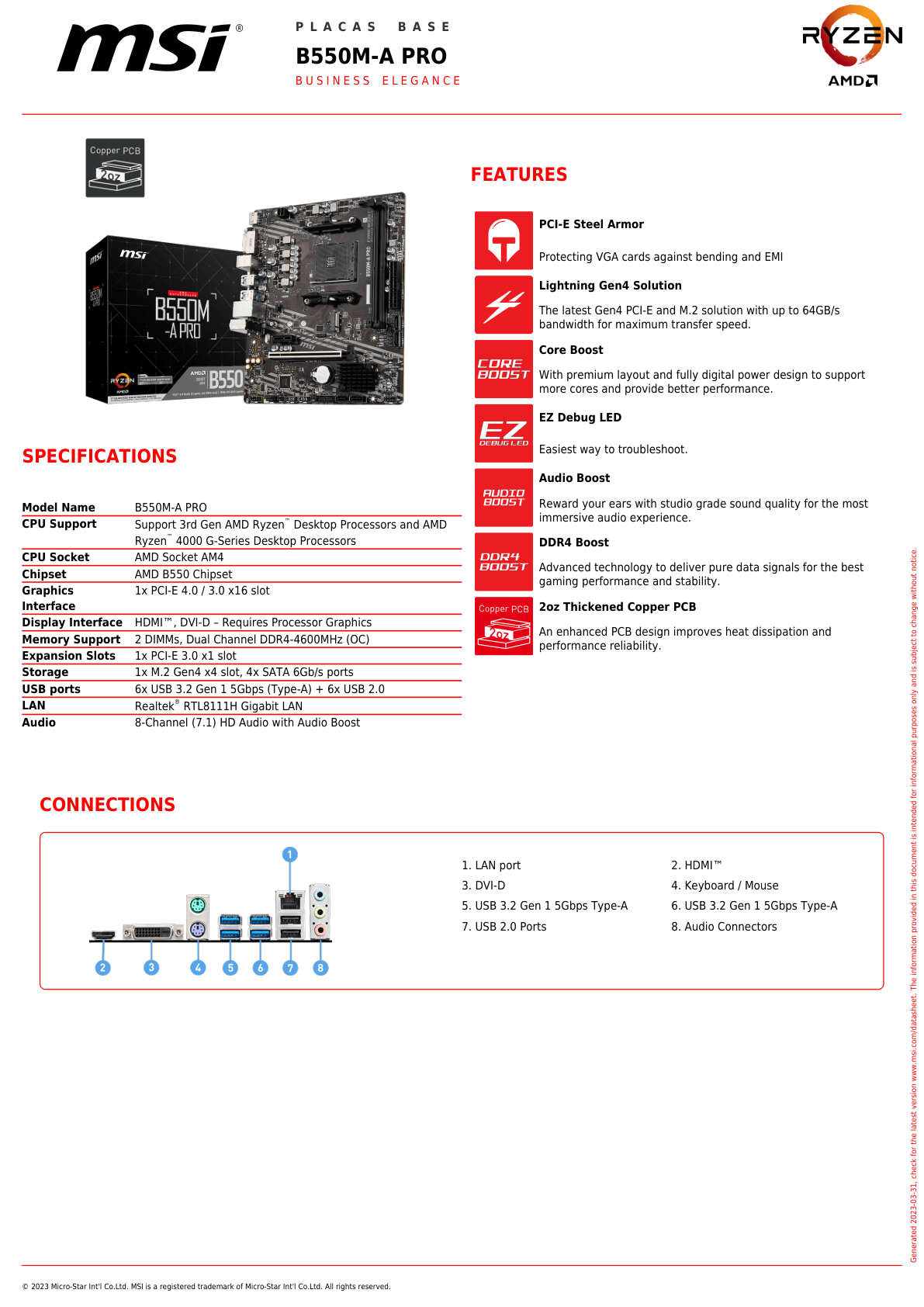 Tarjeta madre MSI B550M-A PRO socket AM4 2xDDR4 HDMI DVI-D Micro ATX