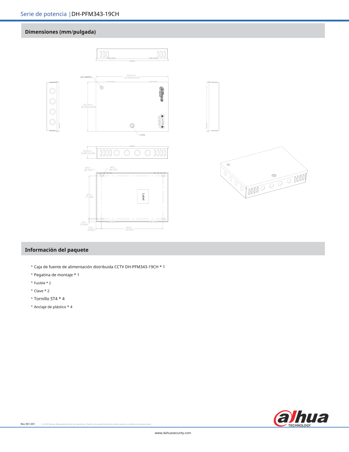 Fuente Dahua DH-PFM343-19CH  de poder 12 vcc 20 amperes con distribuidor para 19 camaras con fusibles intercambiables voltaje de entrada de 90 a 264