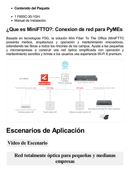 HUAWEI MiniFTTO - Punto de Acceso Óptico Wi-Fi 6 / 2.976 Gbps / 1 puerto 10/100/1000 Mbps PoE + 1  GPON (SC/UPC) PoF / Downstream 2.488 Gbps / Upstream 1.244 Gbps / MIMO 2X2 / Ganancia de Antena 5dBi / Wi-Fi Roaming / Administración Nube