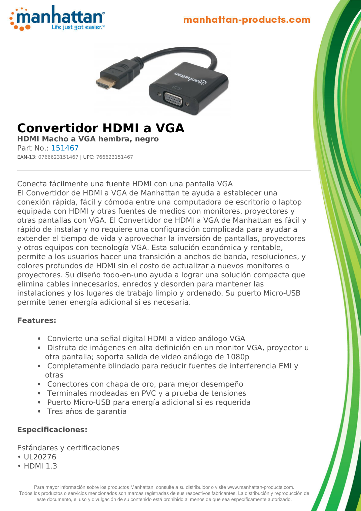 CONVERTIDOR MANHATTAN HDMI MACHO A VGA HEMBRA NEGRO