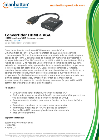 CONVERTIDOR MANHATTAN HDMI MACHO A VGA HEMBRA NEGRO