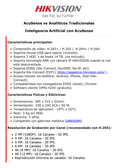 NVR 32 Megapixel (8K) / Reconocimiento Facial (Base de Datos) / 16 Canales IP / 2 Bahías de Disco Duro / 16 Puertos PoE+ / HDMI en 8K / ACUSENSE / Soporta POS / Deepin Mind / Time Lapse