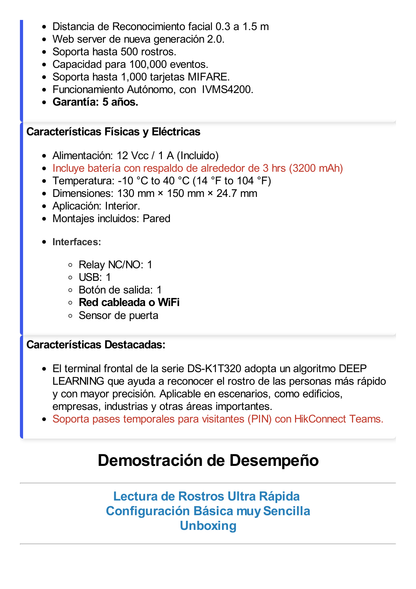 Terminal Min Moe WiFi con Batería de Respaldo / Administrable por Smartphone o Nube /  Acceso y Asistencia /  Huella, Facial y Tarjetas MIFARE /  500 rostros y 1,000 Huellas y Tarjetas / Detección de Cubrebocas / HikConnect