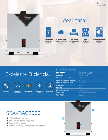 Regulador Smartbitt SBAVRC2000 de 2000VA/1200W rango salida 80-150 Vca línea blanca lavadoras hasta 300W y secadoras hasta 700W