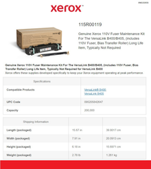 KIT DE MANTENIMIENTO XEROX 115R00119 INCLUYE FUSOR Y RODILLO B400/B405 (200 000 PAG)