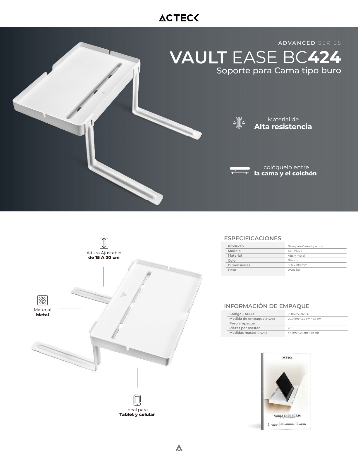 Base Acteck para cama  tipo buró con ajuste de altura Vault Ease BC424 Advanced Series Blanco