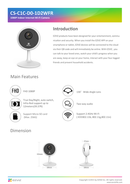 Mini Cámara EZVIZ IP PT 2 MP WiFi Uso Residencial Visión 106° Seguimiento Inteligente Audio Dos Vías Micro SD Uso Interior CS-C1C