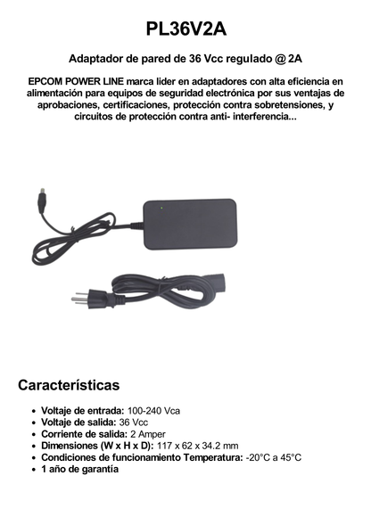 Fuente de Poder de 36 Vcc Regulada / 2 Amp / Voltaje de Entrada de 100 - 240 VCA