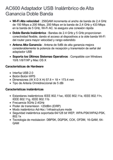 Adaptador  USB inalámbrico doble banda AC 600 Mbps, antena de alta ganancia.