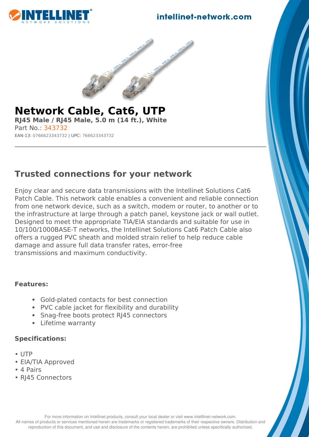 Cable patch Intellinet CAT 6 UTP RJ-45 macho -RJ-45 macho  5M blanco