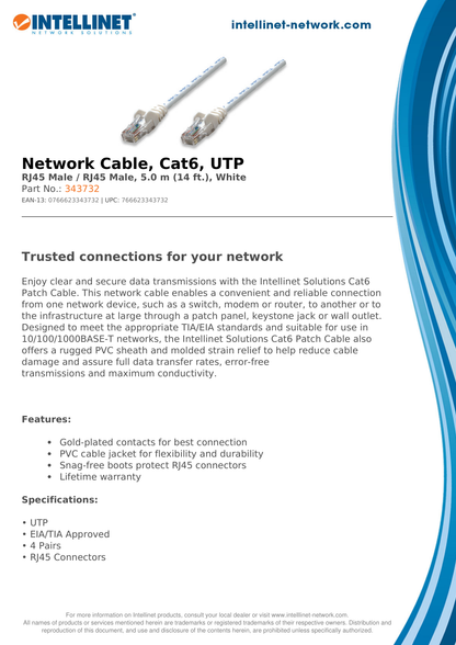 Cable patch Intellinet CAT 6 UTP RJ-45 macho -RJ-45 macho  5M blanco