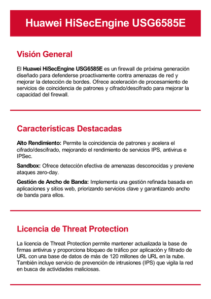 Firewall HUAWEI HiSecEngine de 8 Gbps para Empresas Medianas. Incluye Licencias por 1 Año de Threat Protection (AV, IPS, URL)