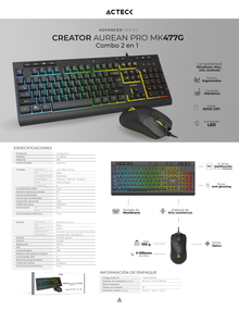 Kit Teclado y Mouse Creator Aurean Pro MK477G Alambrico USB diseño Gamer RGB 8000DPI 7Botones