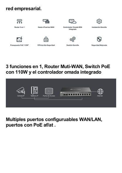 Router Omada VPN / SDN Multi-WAN 1G / Switch con PoE y Controlador  / 2 puerto WAN/LAN SFP 1G / 1 Puerto RJ45 WAN / 1 Puerto WAN/LAN RJ45 / 8 Puertos PoE+ LAN RJ45 /  24,980 Sesiones Concurrentes / Administración por Controlador Omada o Stand-Alone