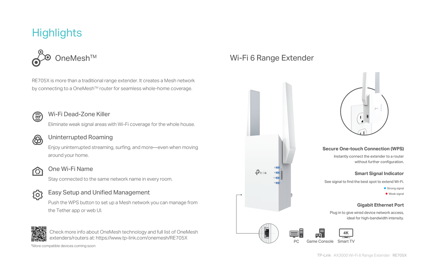 Extensor de rango inalámbrico TP-Link RE705X Wi-Fi 6 AX3000 OneMesh 1 puerto RJ45 gigabit modo AP 2 antenas