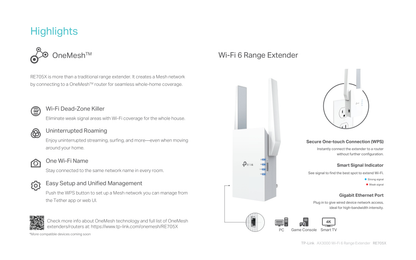 Extensor de rango inalámbrico TP-Link RE705X Wi-Fi 6 AX3000 OneMesh 1 puerto RJ45 gigabit modo AP 2 antenas